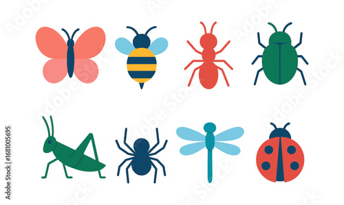 Colorful flat insect icons: butterfly, bee, ant, and more