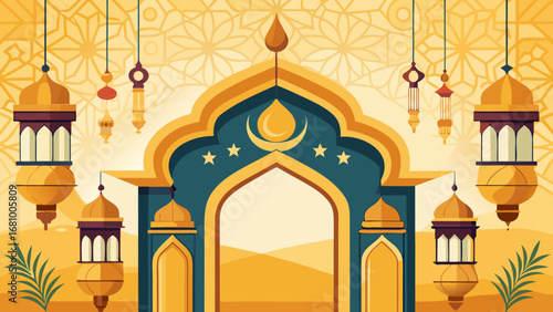 Vector art of ramadan kareem islamic eid mubarak mosque decoration with lantern and moon for celebration, culture, muslim greeting, traditional holiday