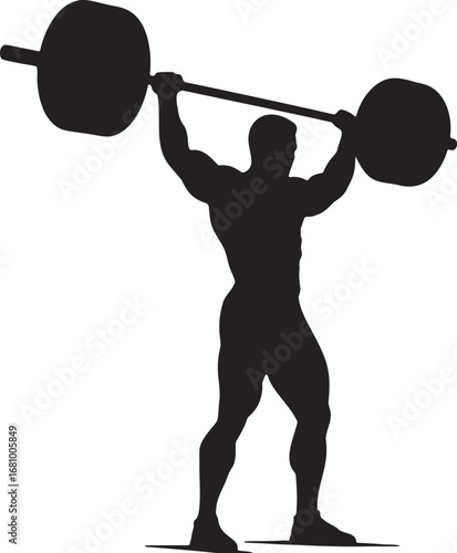 Black silhouette of weightlifter raising heavy barbell overhead