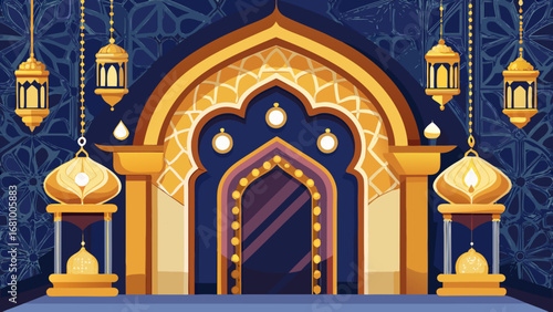 Vector art of ramadan kareem islamic eid mubarak mosque decoration with lantern and moon for celebration, culture, muslim greeting, traditional holiday