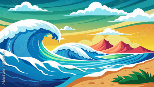 Vector art of a vibrant vector illustration showcases a powerful wave crashing on a sandy beach, with mountains and a colorful sky in the background