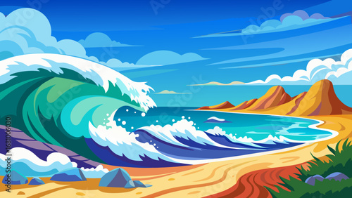 Vector art of a vibrant cartoon illustration of a large wave crashing on a tropical beach with mountains and a clear blue sky with fluffy clouds