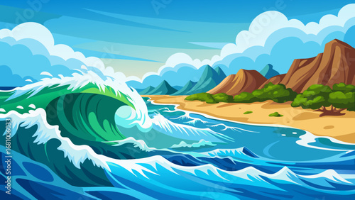 Vector art of a cartoon illustration of a large wave crashing on a tropical beach with mountains, trees, and a clear blue sky with fluffy clouds