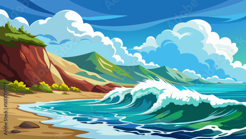 Vector art of seascape illustration of a beach with a cliff, mountain, and ocean wave under a cloudy sky, capturing the essence of a summer vacation