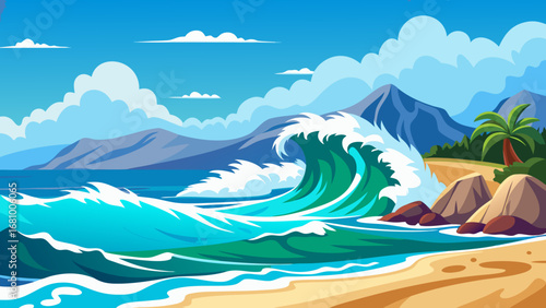 Vector art of a vibrant seascape illustration featuring a beach with palm tree, mountain, and ocean wave under a cloudy sky, perfect for summer vacation