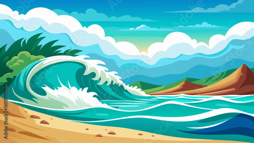 Vector art of a beautiful tropical beach with a large wave crashing on the shore, with mountains and clouds in the background on a sunny day