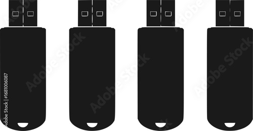 Four identical black usb flash drives in a row silhouette

