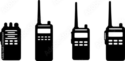 Four black walkie talkie radio communication devices shown in silhouette against a white background
