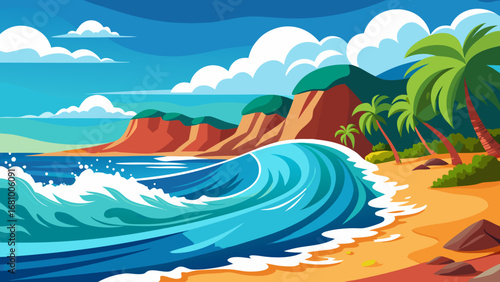 Vector art of tropical beach illustration with palm trees, cliffs, and a wave under a cloudy sky, capturing the essence of a summer vacation paradise