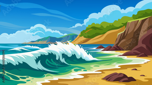 Vector art of a scenic view of a tropical beach with a wave crashing on the shore, with cliffs and lush vegetation in the background on a sunny day