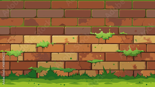 Vector art of aged brick wall with moss and grass, a vintage texture background perfect for adding a rustic and weathered feel to your design projects