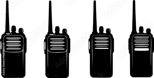 Four black walkie talkie radio communication devices shown in silhouette against a white background
