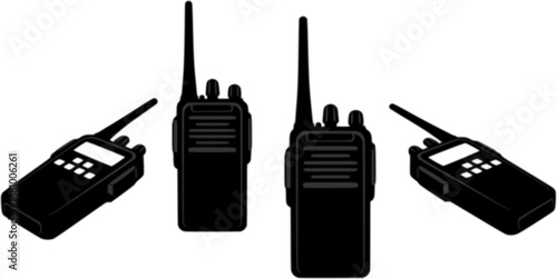 Four black walkie talkie radio communication devices shown in silhouette against a white background
