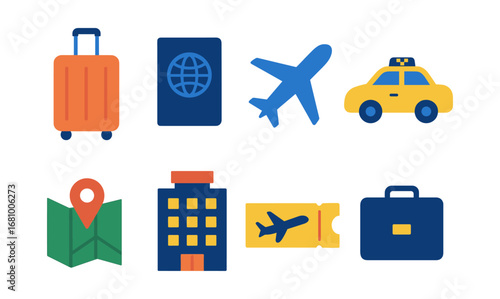 Travel essentials icons: luggage, passport, airplane, taxi, and more in flat design