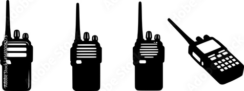 Four black walkie talkie radio communication devices shown in silhouette against a white background
