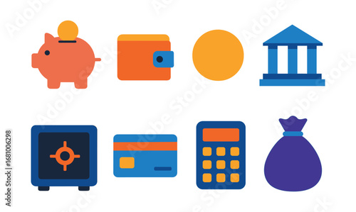 Colorful finance and banking icons set in flat design