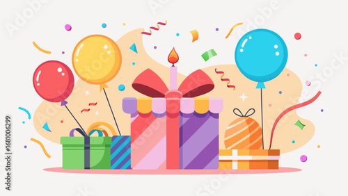Vector art of colorful birthday party with gifts, balloons, and confetti, perfect for a festive celebration and joyful occasion