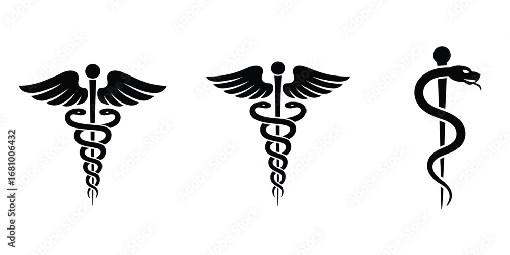Naklejka premium Medical Symbol Vector Collection, Pharmacy Icons Featuring Caduceus, Rod of Asclepius, Bowl of Hygieia, Star of Life, and Cross Symbols for Healthcare