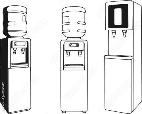 Collection of four distinct water cooler dispenser silhouettes on a white background
