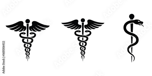 Medical Symbol Vector Collection,  Pharmacy Icons Featuring Caduceus, Rod of Asclepius, Bowl of Hygieia, Star of Life, and Cross Symbols for Healthcare