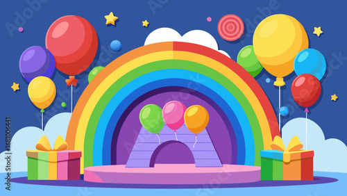 Vector art of colorful stage with rainbow and balloons for birthday party celebration