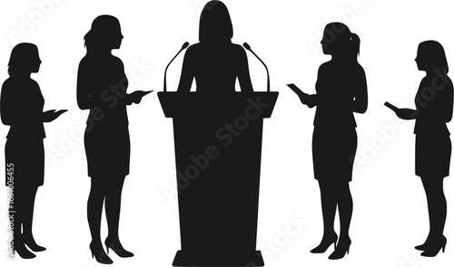 Five women speaking at podium silhouette
