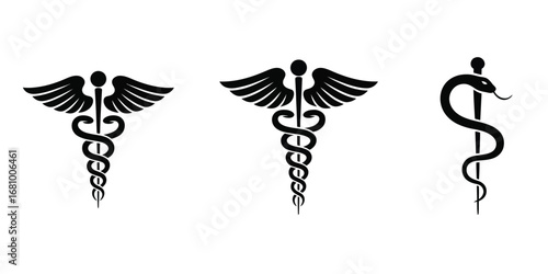 Healthcare and Pharmacy Icon Set,  Vector Symbols Including Medical Cross, Caduceus, Rod of Asclepius, Star of Life, Bowl of Hygieia, Snake and Rod