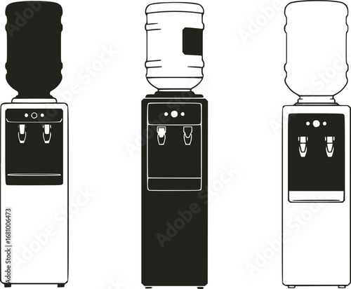 Collection of four distinct water cooler dispenser silhouettes on a white background

