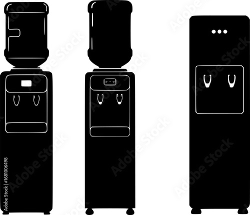 Collection of four distinct water cooler dispenser silhouettes on a white background
