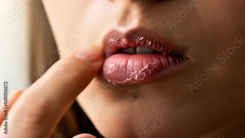 close up, woman's hand holding chapped lips, women's health and beauty, mouth ulcers, vitamin c deficiency 
