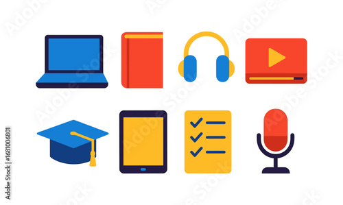 Colorful digital learning and media icons set