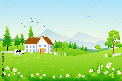 a cozy house nestled among green hills with cows nearby