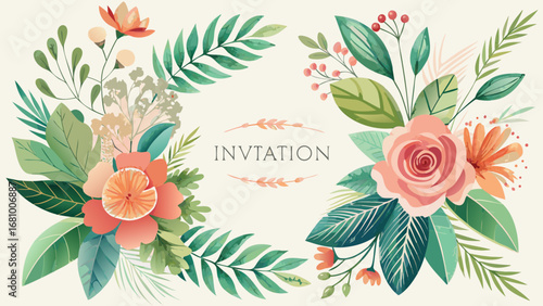 Vector art of watercolor floral invitation card with roses and leaves for wedding and greeting