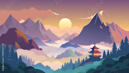 Vector art of a serene vector landscape featuring mountains, a setting sun, and a traditional pagoda nestled among trees, evoking a sense of peace and tranquility