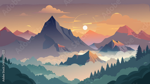 Vector art of a tranquil vector landscape showcases majestic mountains shrouded in mist under a pastel sky, creating a peaceful and scenic vista of natures beauty