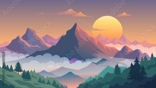Vector art of a vibrant vector landscape captures a stunning mountain range at sunset, with a large sun and misty valleys, offering a picturesque and serene view