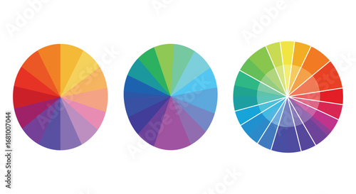 Color wheel diagrams showing primary and secondary colors in different arrangements