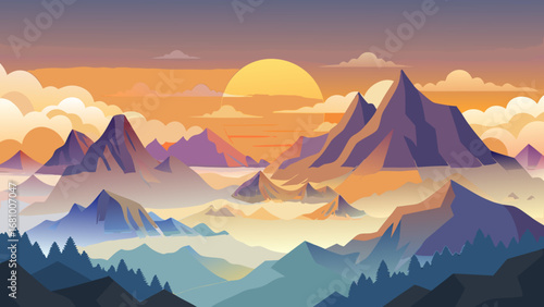Vector art of a serene mountain landscape at sunset, featuring colorful peaks, misty valleys, and a vibrant sky with the sun setting behind the mountains