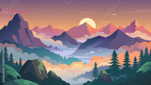 Vector art of a breathtaking mountain landscape at sunset, with colorful peaks, misty valleys, and lush forests under a vibrant sky