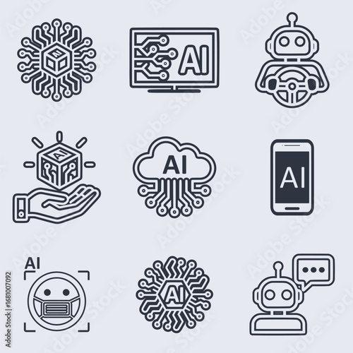 Discover inspiring AI conceptual icon designs from abstract intelligence and cloud integration to robotics and smart helpers, ideal for inspiring tech showcases and digital innovation