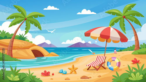 Vector art of a vibrant tropical beach scene with palm trees, a colorful umbrella, and clear blue waters, perfect for a summer vacation getaway