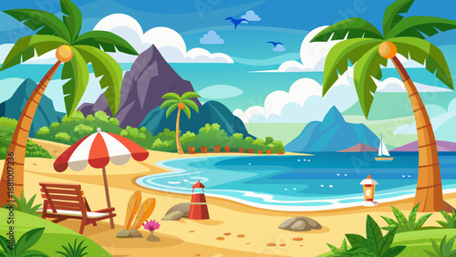 Vector art of a colorful cartoon beach scene featuring palm trees, mountains, and a tranquil sea, ideal for summer vacation and tropical getaway themes