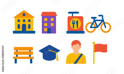 Colorful urban icons set featuring buildings, transportation, and everyday objects