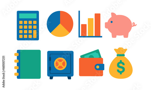 Financial icons set featuring flat design with calculator, chart, piggy bank, and more
