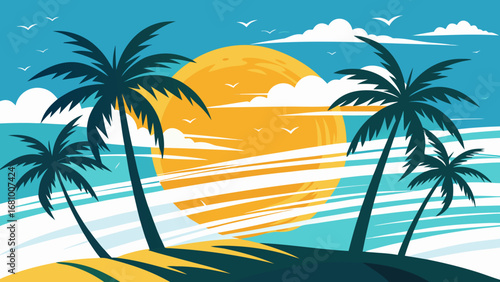 Vector art of tropical beach scenery with palm trees, sun, and ocean, ideal for summer vacation and travel designs, creating a relaxing and idyllic paradise