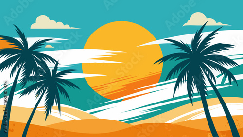 Vector art of tropical beach landscape with palm trees, sun, and sea, perfect for summer vacation and travel themes, creating a relaxing and idyllic paradise