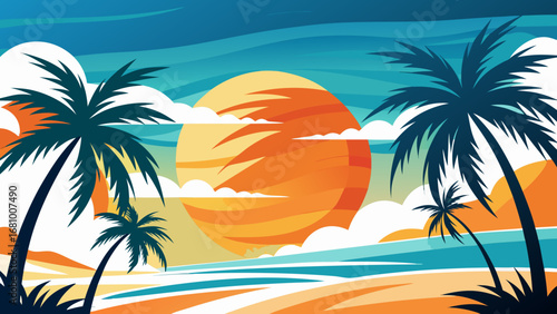 Vector art of serene tropical beach sunset with palm trees, calm ocean, and a warm sun, perfect for vacation, travel, and relaxation themes