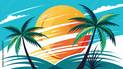 Vector art of vibrant tropical beach landscape with palm trees and sun, perfect for summer vacation and travel themes, creating a relaxing and idyllic paradise