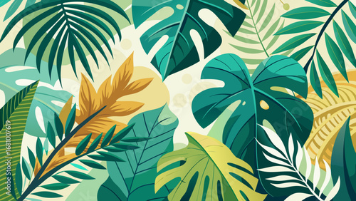 Vector art of a vibrant tropical foliage pattern with monstera and palm leaves in shades of green, yellow, and teal, creating a lush and exotic botanical background
