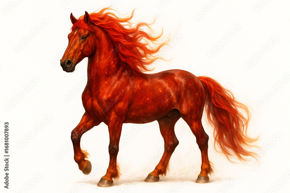 Obraz premium Red Fire Horse, realistic detailed illustration with fiery mane and glowing accents, majestic and powerful stance, isolated on white background, zodiac animal symbol of 2026